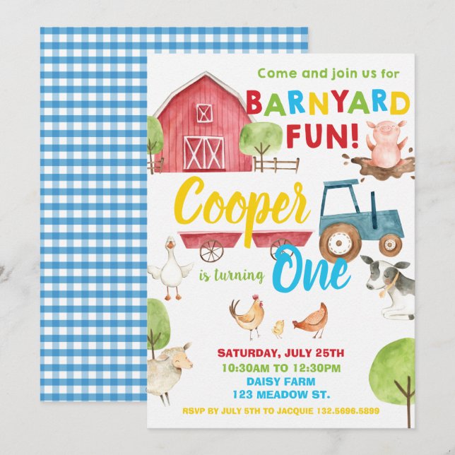 Barnyard Roligt 1:a födelsedag Party Boskap Blue Inbjudningar (Fram/baksida)