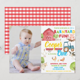 Barnyard Roligt 1:a födelsedag Party Boskap Foto Inbjudningar