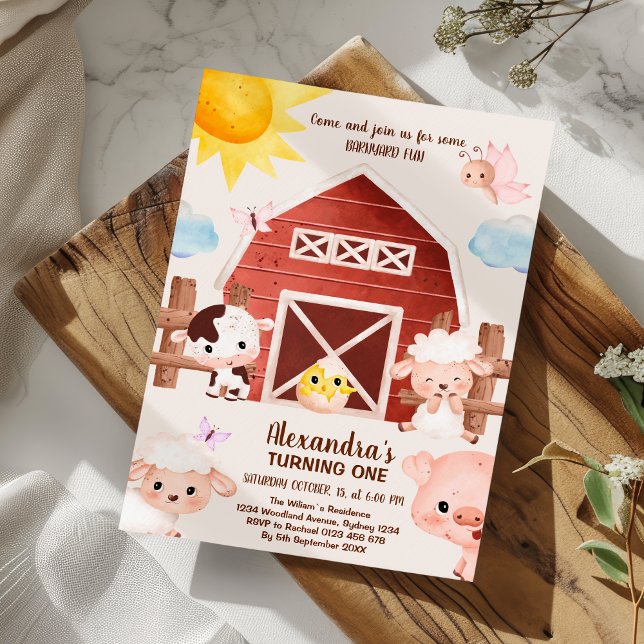Barnyard Roligt 1:a födelsedag Party Boskap Inbjudningar (Skapare uppladdad)