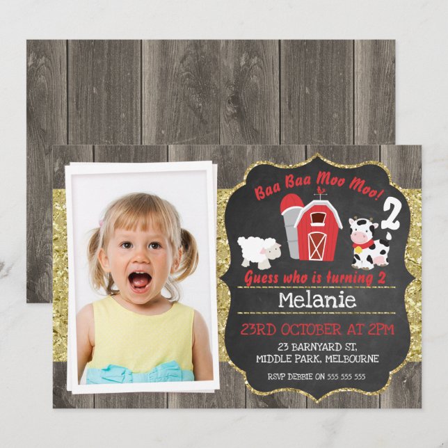 Barnyard Wood Chalkboard Photo Birthday-inbjudan Inbjudningar (Fram/baksida)