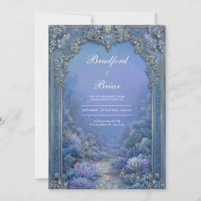 Barock Blå Lavendel Frusen Fantasi Bröllop Inbjudningar (Framsida)