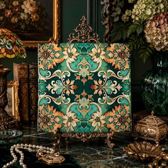 Barock blomster maximalistisk baksplash-dekor acce kakelplatta (Ornate copper patina Baroque floral damask ceramic tile home decor accent display on elegant easel)