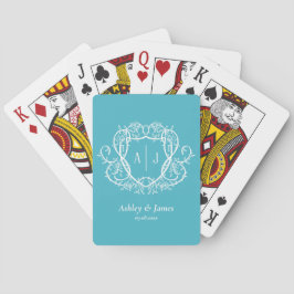 Barock Botanisk Turkos Monogram Stämpel Bröllop Casinokort