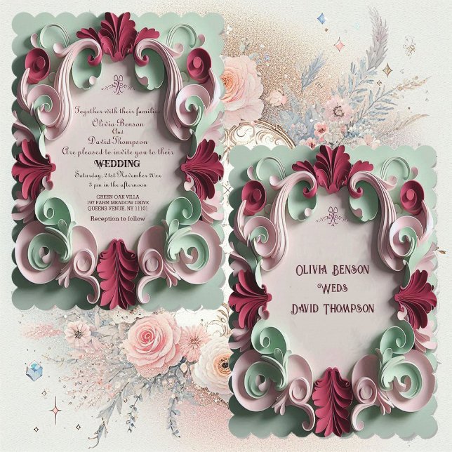 Barock Elegans Blommotiv Akantusvirvlar Inbjudningar (Baroque Elegance Floral Motifs Acanthus Swirls Invitation)