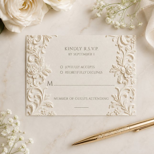 Barock Elegans Elfenbensfärgad Bröllopskrift OSA Kort (Baroque Elegance Ivory Script Wedding RSVP Card)
