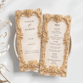 Barock Elegant Guld Blommig Bröllopsmeny Meny