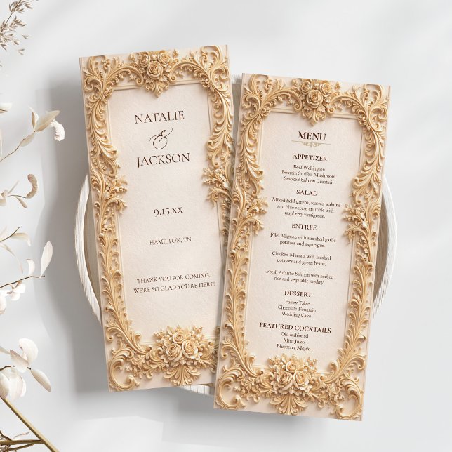 Barock Elegant Guld Blommig Bröllopsmeny Meny (Baroque Elegant Gold Floral Wedding Menu)