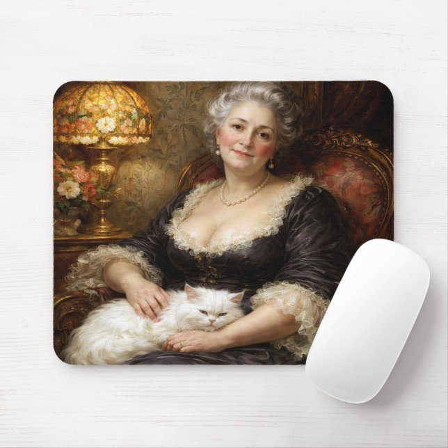 Barock Elegant Kvinna med Vit Katt Musmatta (Med mus)