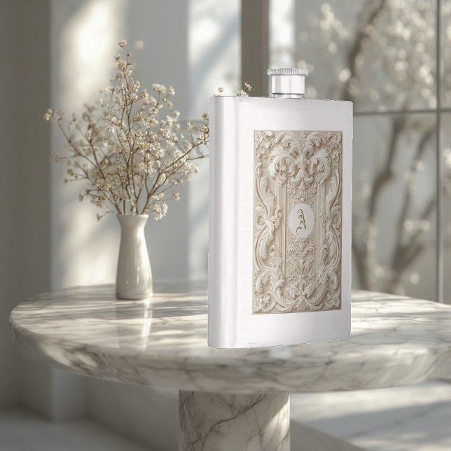 Barock Elegant Topografi Vintage Elfenbensmonogram Fickplunta (Baroque Elegant Topography Vintage Ivory Monogram Flask)