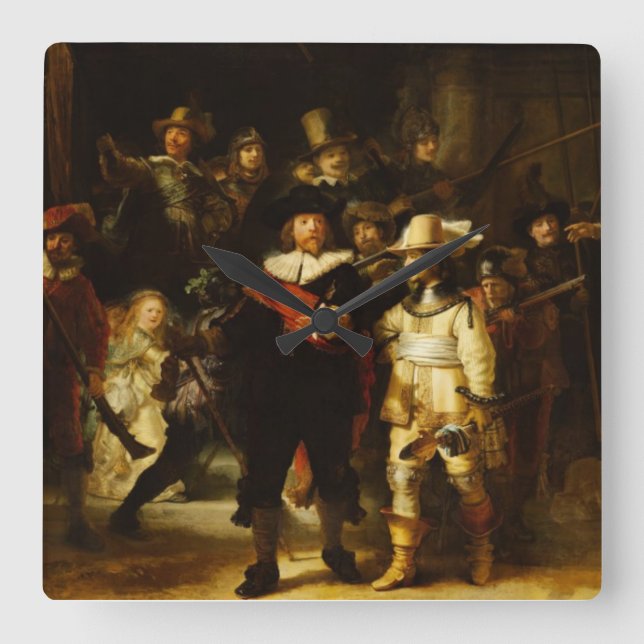 Barock målning för Rembrandt Nightwatch nattklocka Fyrkantig Klocka (Framsida)