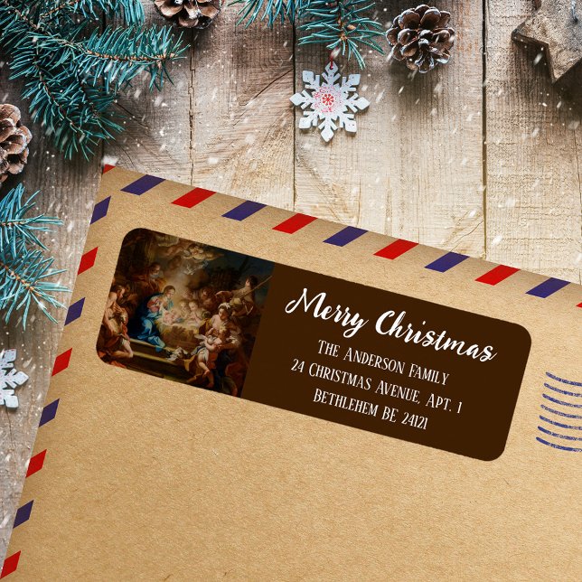 Barock Religiös Kristet Jul Nativity Returadress Etikett (Baroque Religious Christian Catholic Script Merry Christmas Nativity Scene Return Address Labels)