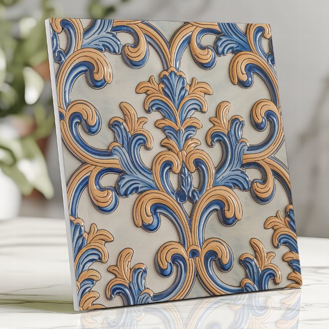 Barock Scroll Damask Blå Guld Italiensk Stil Kakelplatta (Skapare uppladdad)