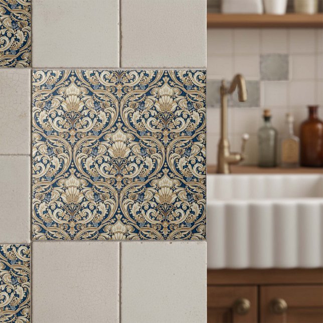 Barocka akantuskrullar Pat#3 Blå Guld ID1194 Kakelplatta (Skapare uppladdad)