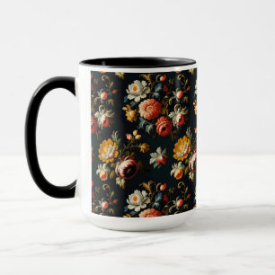 Barocka utsmyckade blommor på en svart bakgrund mugg