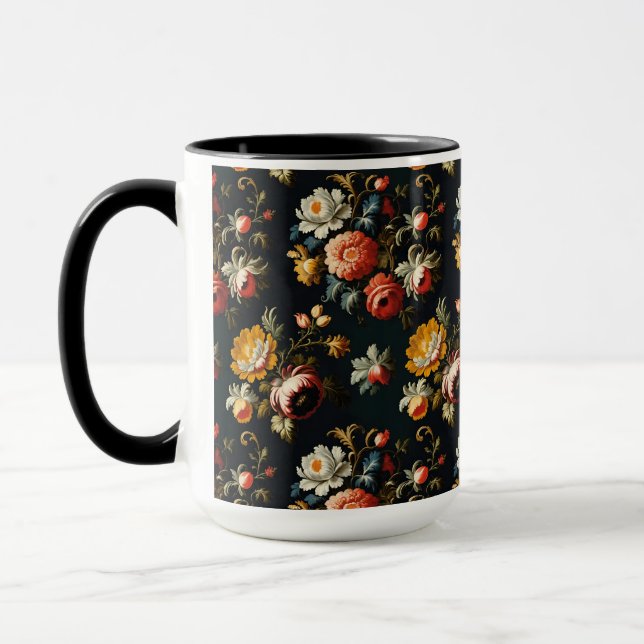 Barocka utsmyckade blommor på en svart bakgrund mugg (Vänster)