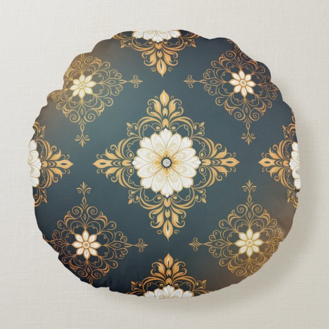 "Barockes Ornament-Muster in Gold und Schwarz" Dec Rund Kudde (Framsidan)