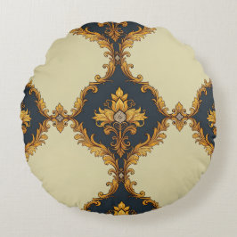 "Barockes Ornament-Muster in Gold und Schwarz" Rund Kudde