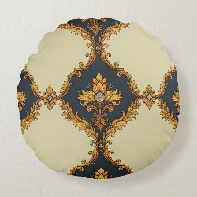 "Barockes Ornament-Muster in Gold und Schwarz" Rund Kudde (Framsidan)