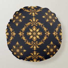 "Barockes Ornament-Muster in Gold und Schwarz" Rund Kudde