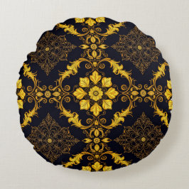 "Barockes Ornament-Muster in Gold und Schwarz" Rund Kudde