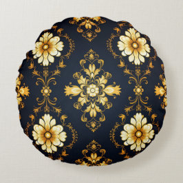 "Barockes Ornament-Muster in Gold und Schwarz" Rund Kudde