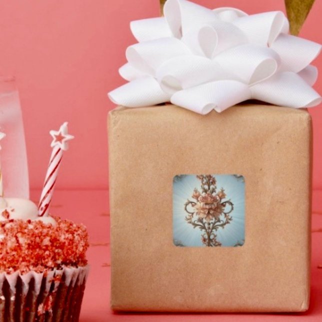 Barockros  fyrkantigt klistermärke (Decorate your gifts or envelopes with this beautiful floral sticker. 
)