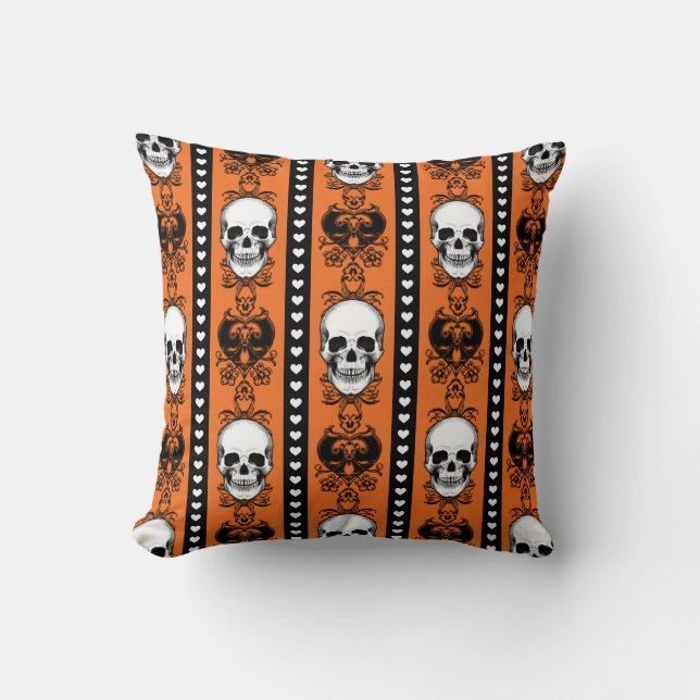 Barockt Dödskalle Randmönster Orange Svart Kudde (Framsida)