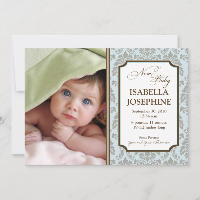 Barockt mönster Bebis födelse kungörelse (blå) Meddelande (Framsida)