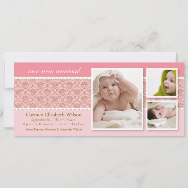 Baroque 3-Photo Birth Notice (rosa) Meddelande (Framsida)