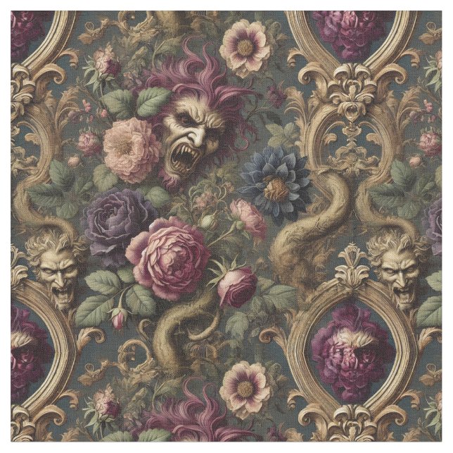 Baroque Battles & Blooms - Gothic Classic Tile Tyg (Närbild)