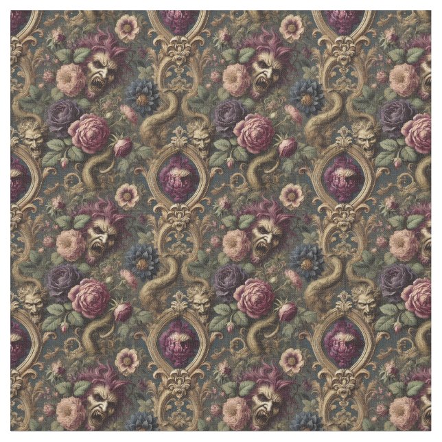 Baroque Battles & Blooms - Gothic Dense Tile Tyg (Närbild)