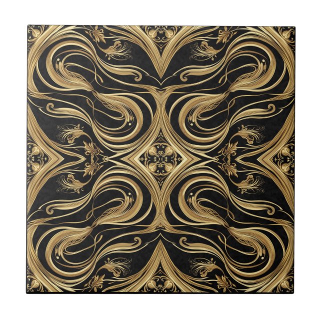 Baroque Black and Gold Swirling Ornate Pattern Kakelplatta (Framsidan)