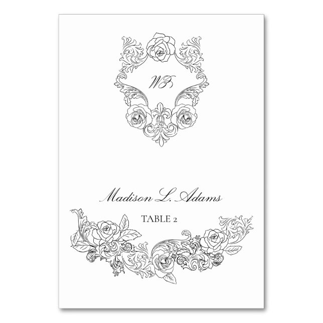 Baroque Black & White Elegant Namn-kort som kan an Bordsnummer (Framsidan)