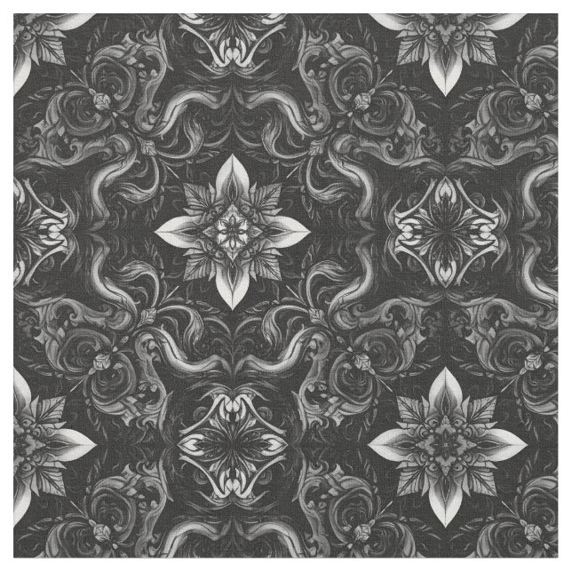 Baroque Black & White Fabric Tyg (Närbild)