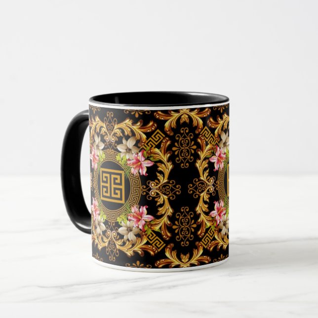Baroque Blommigt Black Guld Rosa Mugg (Framsida vänster)