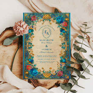 Baroque Blommigt och Teal Mönster Bröllop Inbjudningar