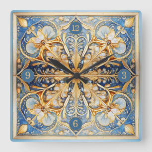 Baroque Blommigt Tile Pat#16 Blue Guld ID1078 Fyrkantig Klocka