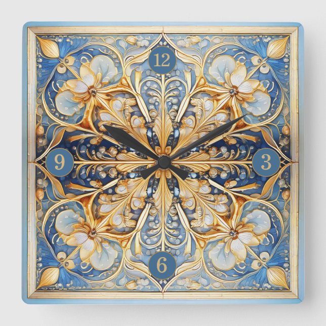 Baroque Blommigt Tile Pat#16 Blue Guld ID1078 Fyrkantig Klocka (Framsida)