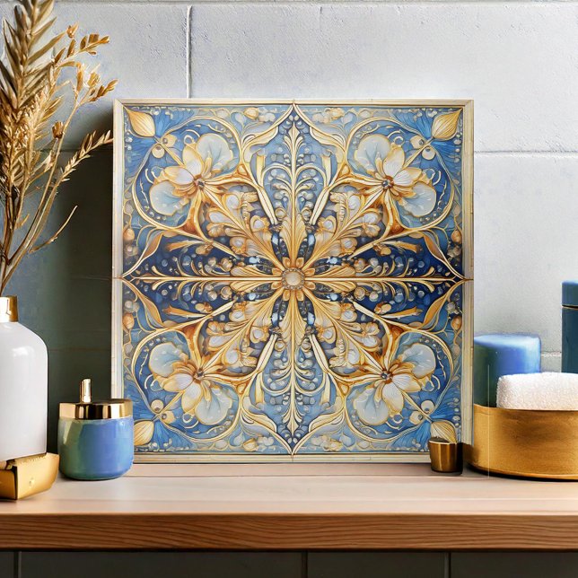 Baroque Blommigt Tile Pat#16 Blue Guld ID1078 Kakelplatta (Skapare uppladdad)
