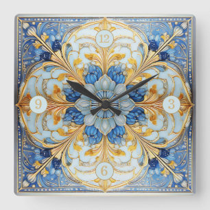 Baroque Blommigt Tile Pat#17 Soft Blue Guld ID1078 Fyrkantig Klocka