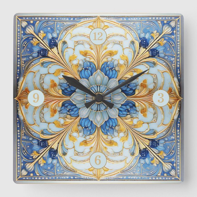 Baroque Blommigt Tile Pat#17 Soft Blue Guld ID1078 Fyrkantig Klocka (Framsida)