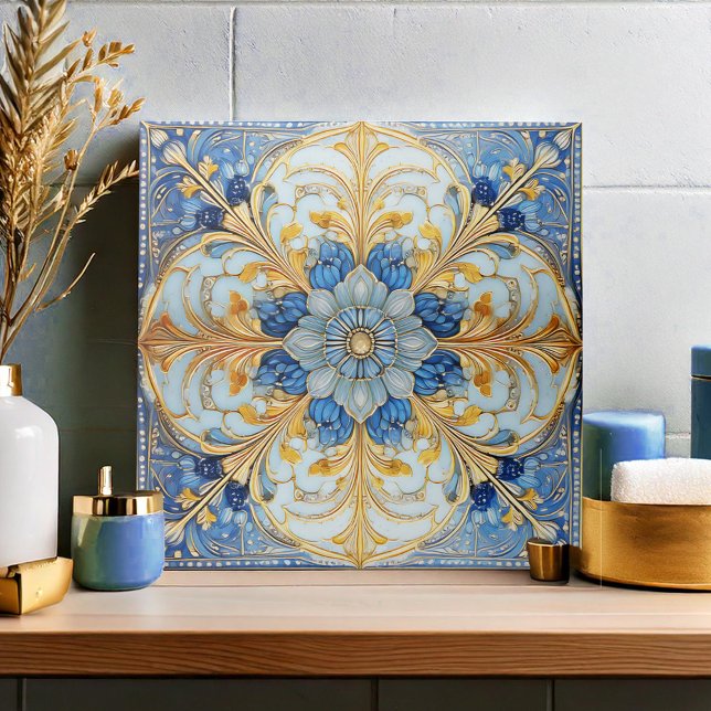 Baroque Blommigt Tile Pat#17 Soft Blue Guld ID1078 Kakelplatta (Skapare uppladdad)