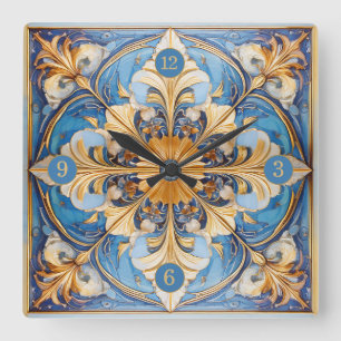 Baroque Blommigt Tile Pat#18 Himmel Blue Guld ID10 Fyrkantig Klocka