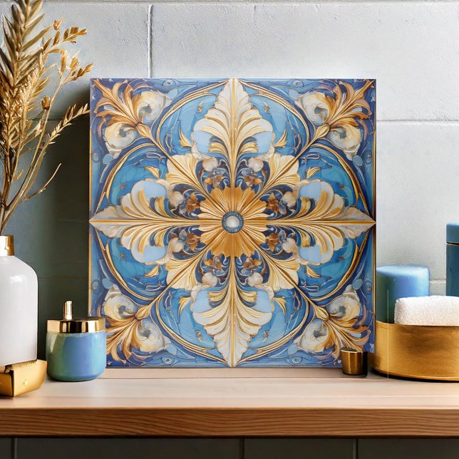 Baroque Blommigt Tile Pat#18 Himmel Blue Guld ID10 Kakelplatta (Skapare uppladdad)