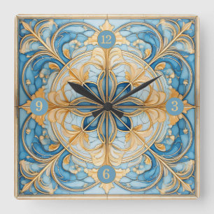 Baroque Blommigt Tile Pat#19 Aqua Blue Guld ID1078 Fyrkantig Klocka