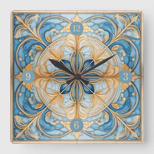Baroque Blommigt Tile Pat#19 Aqua Blue Guld ID1078 Fyrkantig Klocka (Framsida)