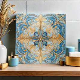 Baroque Blommigt Tile Pat#19 Aqua Blue Guld ID1078 Kakelplatta