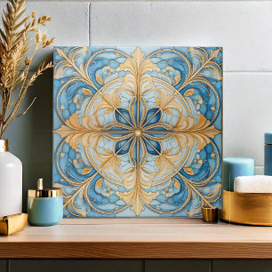 Baroque Blommigt Tile Pat#19 Aqua Blue Guld ID1078 Kakelplatta