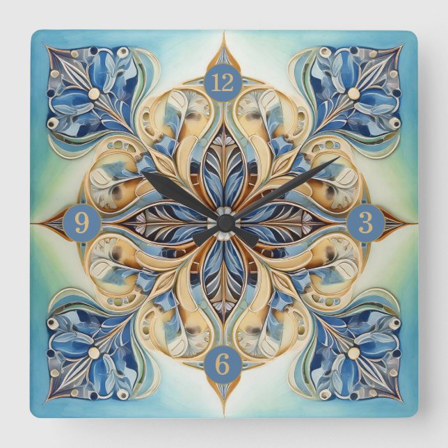 Baroque Blommigt Tile Pat#20 Blue Grönt Guld ID107 Fyrkantig Klocka (Framsida)