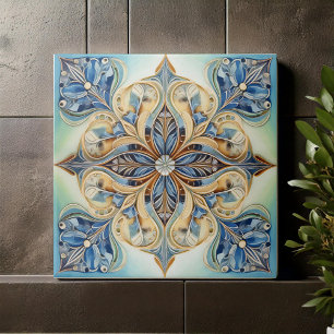 Baroque Blommigt Tile Pat#20 Blue Grönt Guld ID107 Kakelplatta
